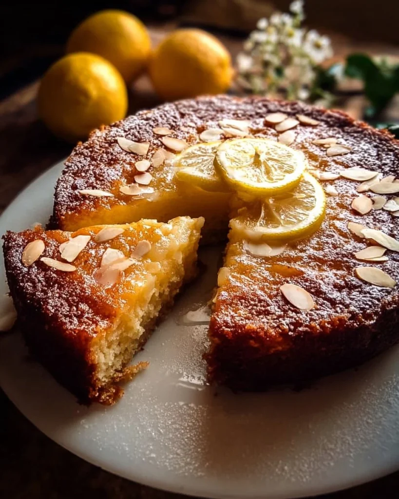Flourless Ricotta Cake with Lemon and Almond served on a decorative plate