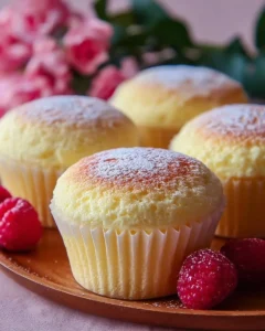 Fluffy Japanese Cotton Cheesecake Cupcakes on a decorative platter