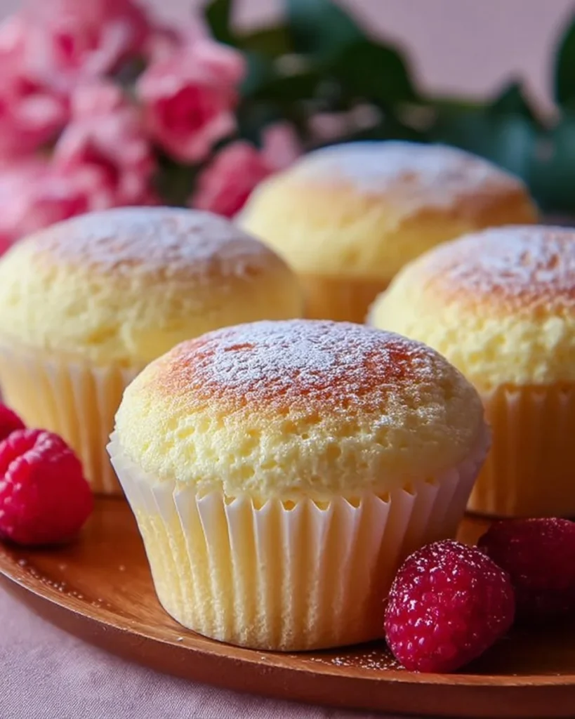 Fluffy Japanese Cotton Cheesecake Cupcakes on a decorative platter