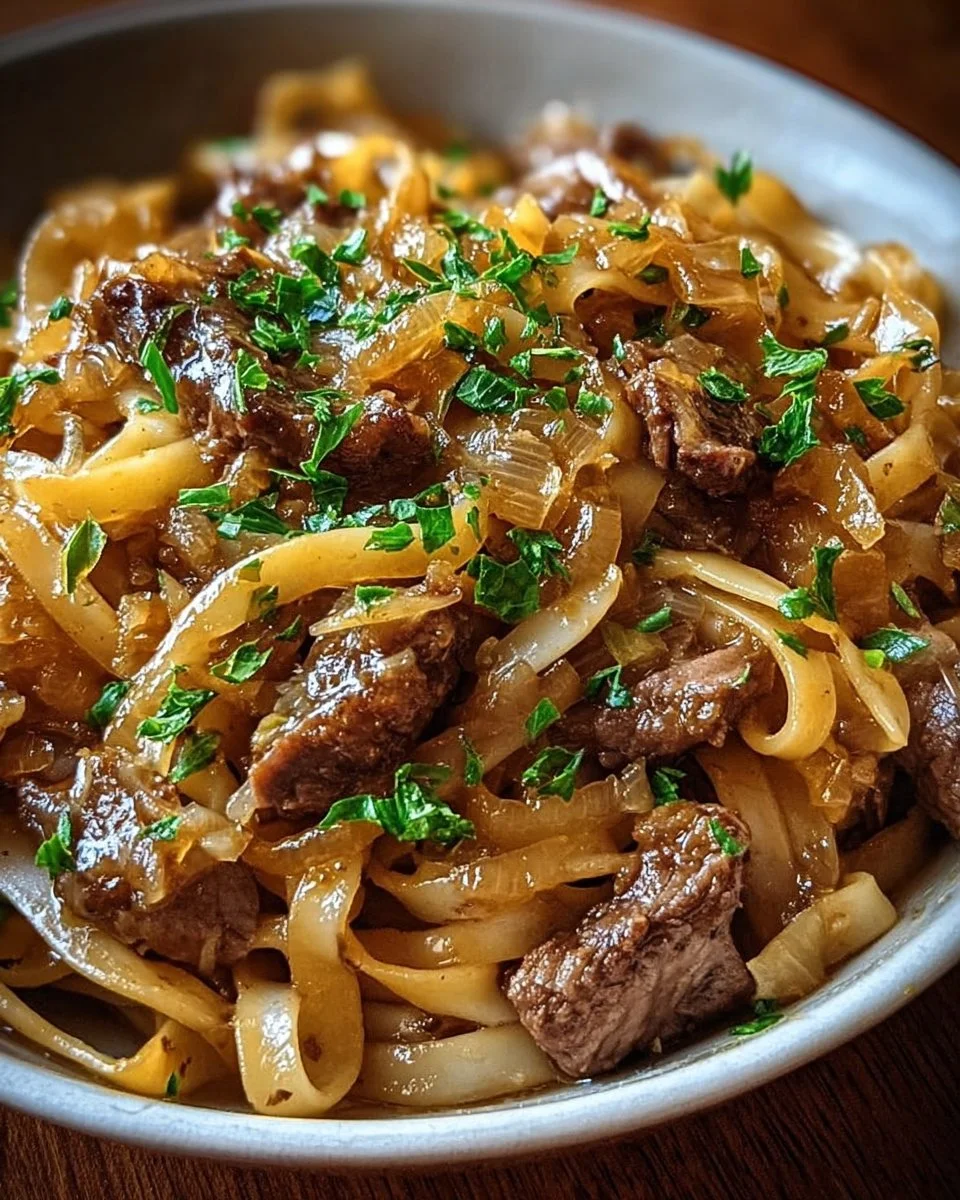 Delicious French Onion Beef and Noodles served in a bowl, garnished with herbs.