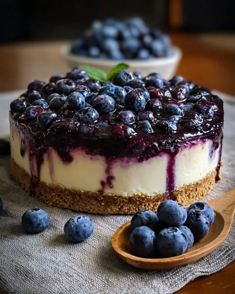 Fresh blueberry cheesecake with a rich creamy layer and topped with blueberries