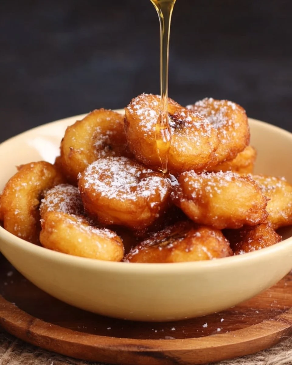 Plate of crispy Fried Banana Bites served with a dipping sauce.