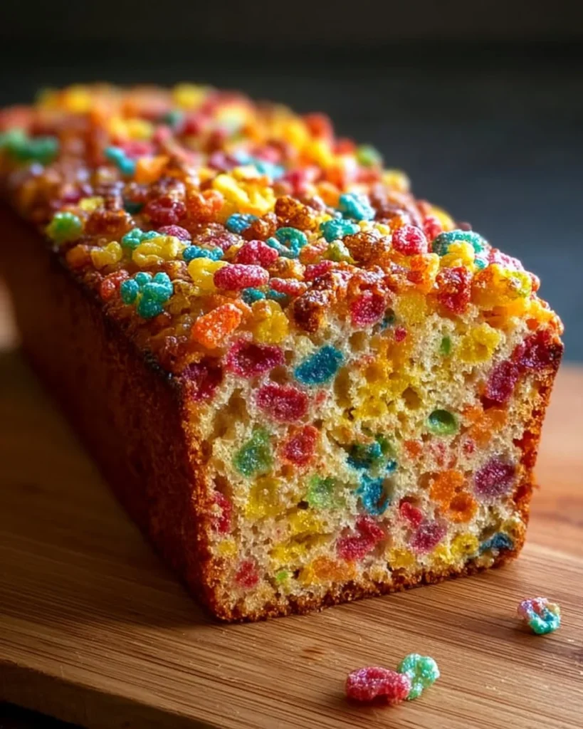 Slice of fruity pebbles breakfast bread with colorful toppings