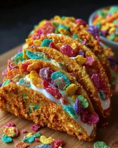 Delicious fruity Pebbles cheesecake tacos on a plate topped with colorful cereal