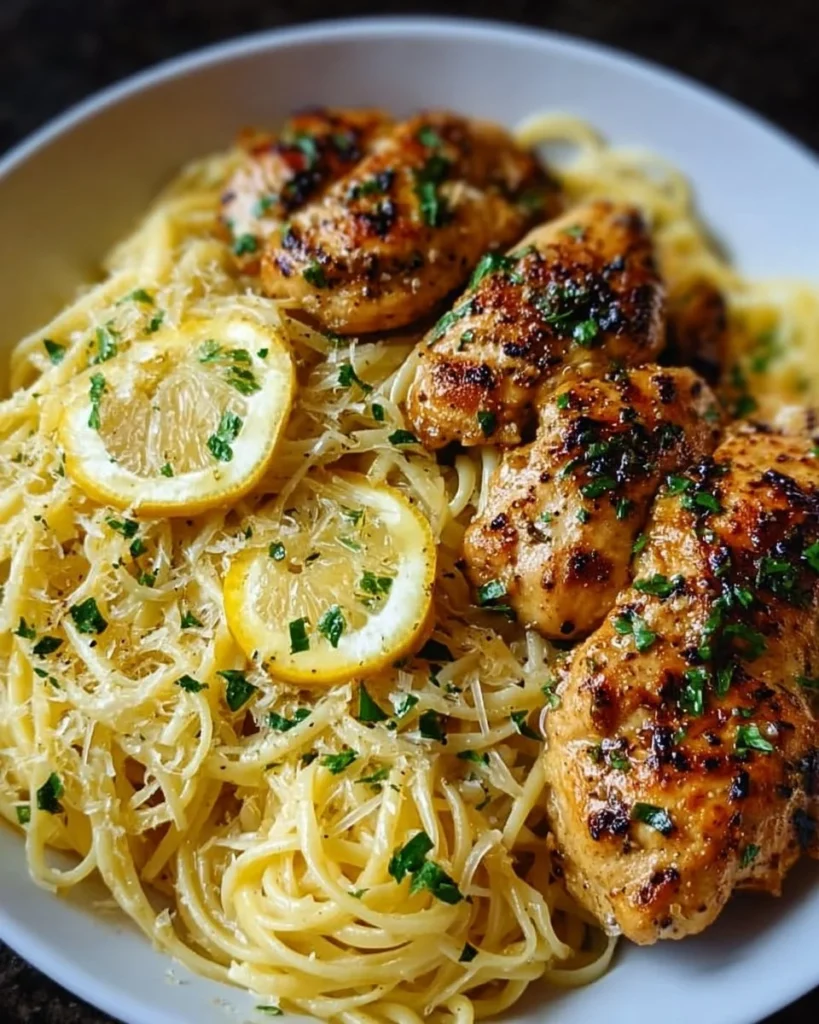 Garlic Butter Chicken served with Lemon Parmesan Pasta on a plate