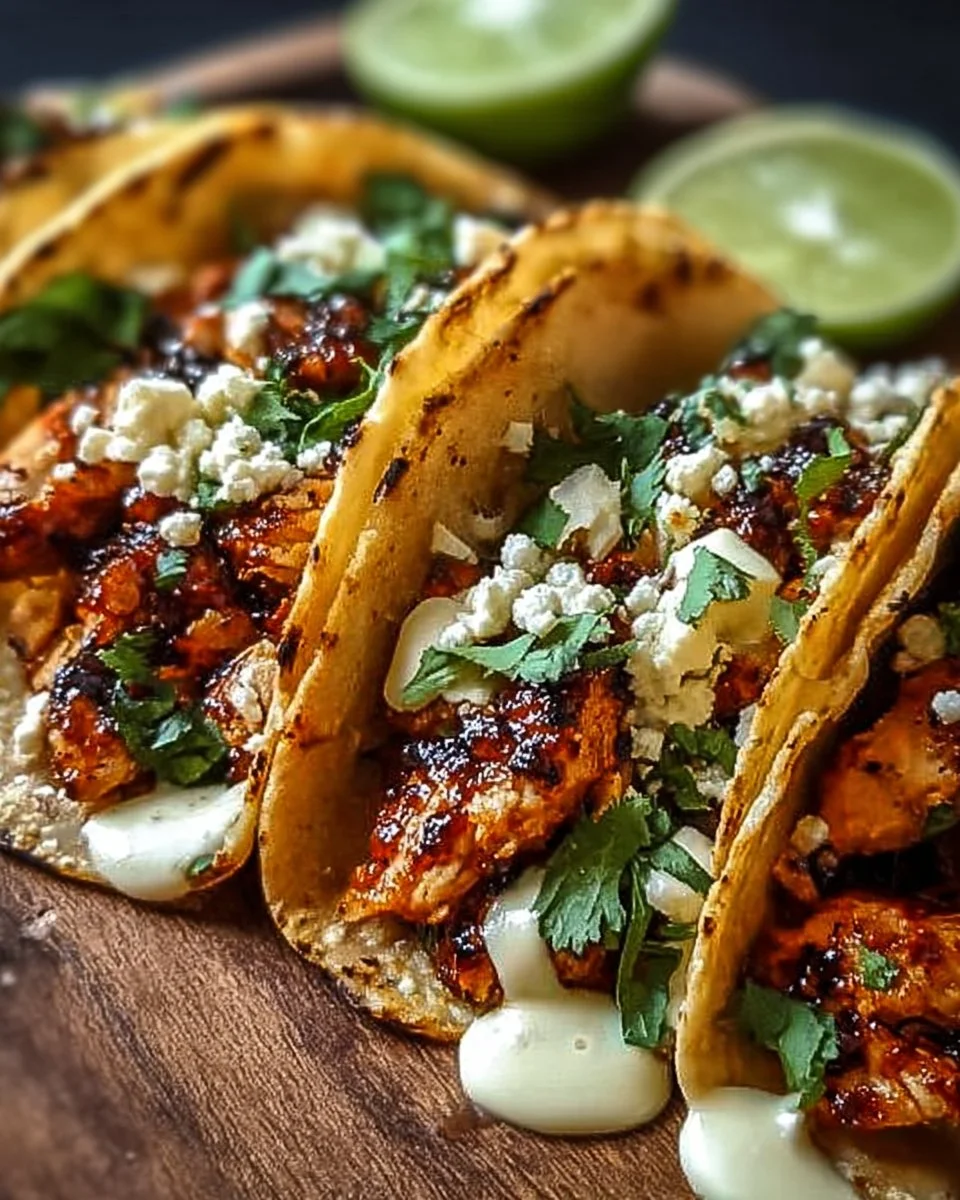 Garlic Butter Honey BBQ Chicken Tacos served on a plate with fresh toppings