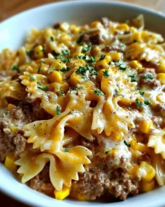 Garlic Butter Ranch Beef and Roasted Corn Bowtie Casserole dish served hot