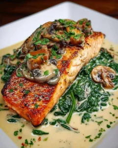 Garlic Butter Salmon served with spinach and mushrooms in creamy sauce