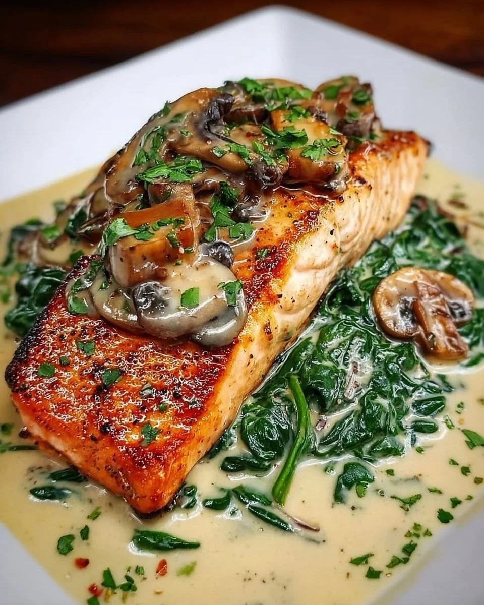 Garlic Butter Salmon served with spinach and mushrooms in creamy sauce