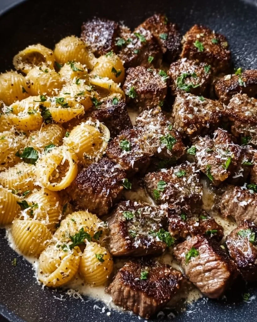 Delicious garlic butter steak bites served with creamy parmesan shells