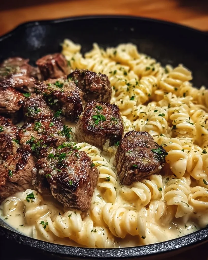 Delicious Garlic Butter Steak Bites served with Alfredo Twisted Pasta