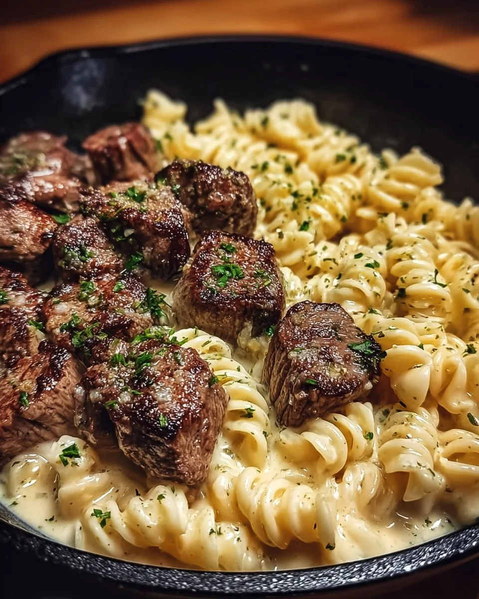 Delicious Garlic Butter Steak Bites served with Alfredo Twisted Pasta