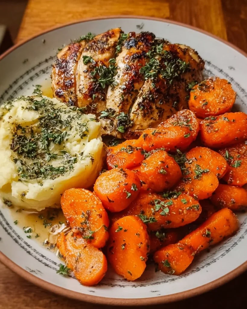 Garlic Herb Chicken served with a side of carrots on a white plate