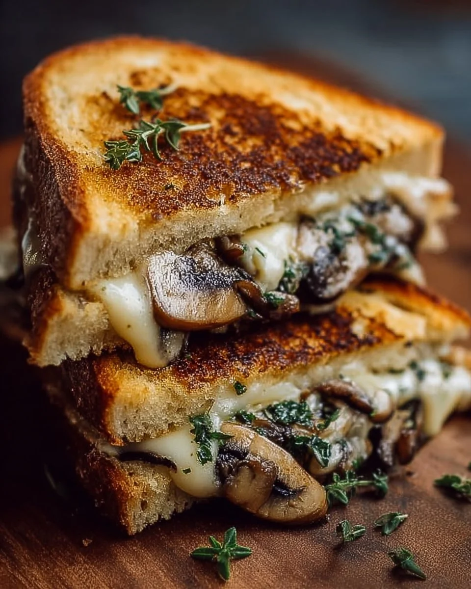 Garlic Mushroom Grilled Cheese sandwich with melted cheese and mushrooms