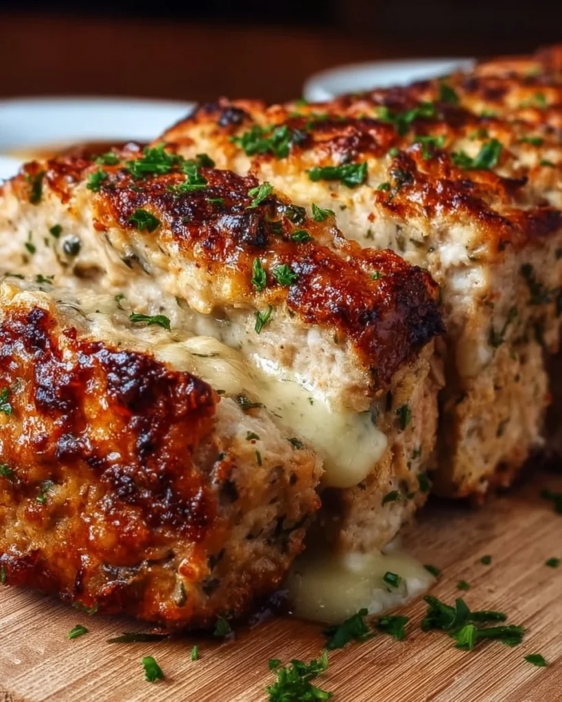 Delicious Garlic Parmesan Chicken Meatloaf recipe ready to serve