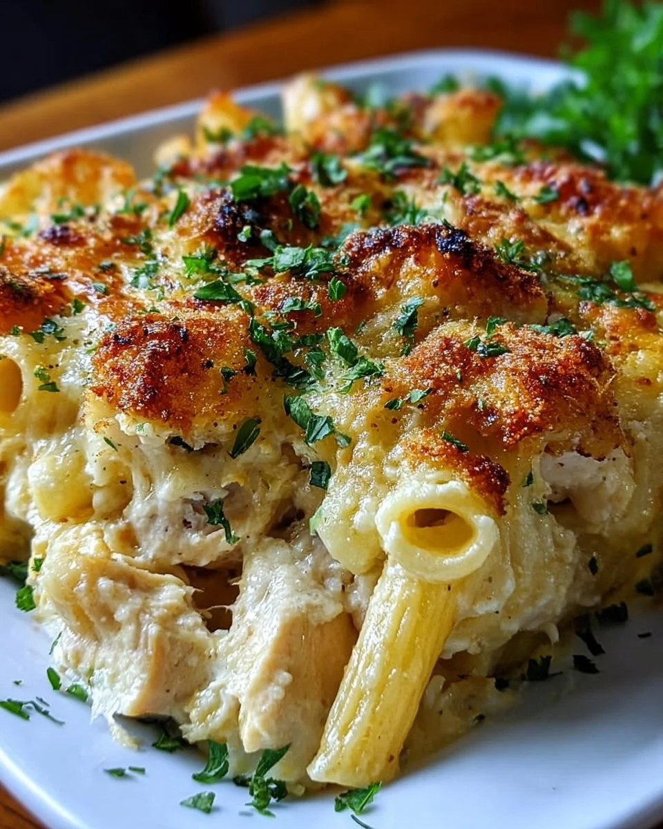 Baked Garlic Parmesan Chicken Pasta topped with herbs and cheese in a casserole dish