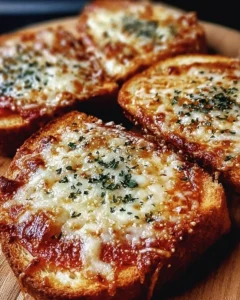 Homemade Garlic Toast Pizzas topped with melted cheese and fresh ingredients.
