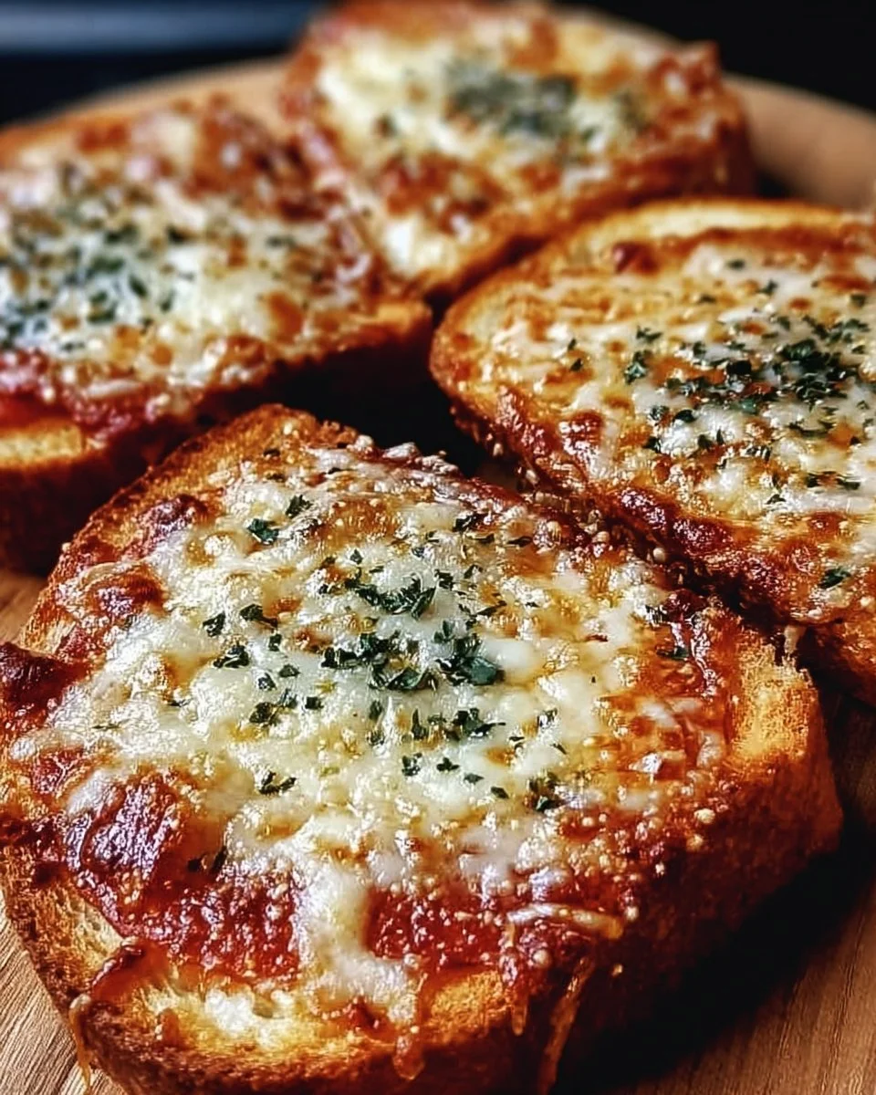 Homemade Garlic Toast Pizzas topped with melted cheese and fresh ingredients.