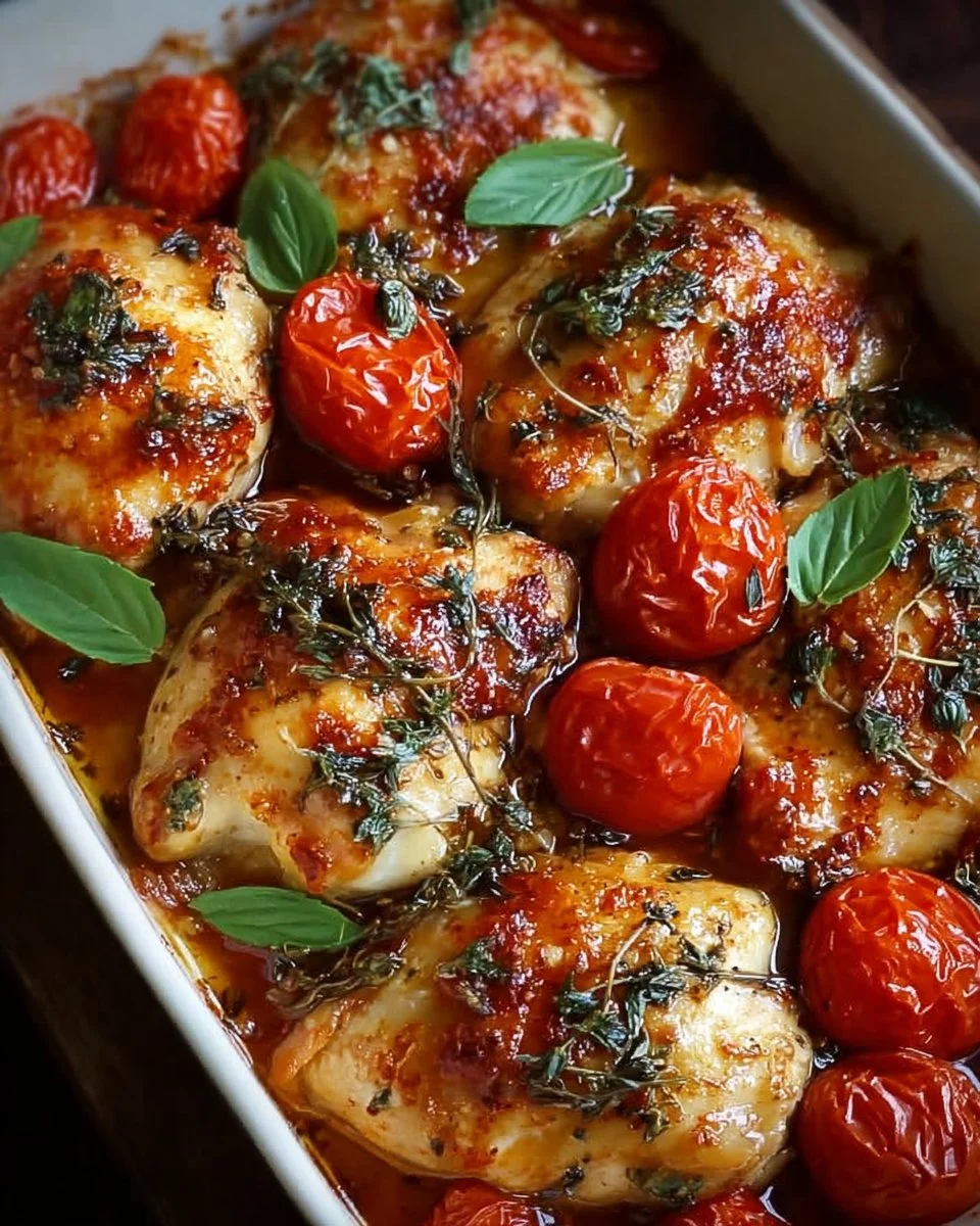 Delicious garlic tomato baked chicken dish served with fresh herbs.