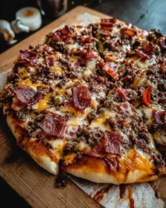 Giant burger-pizza topped with meat, cheese, and bacon slices from a gourmet kitchen