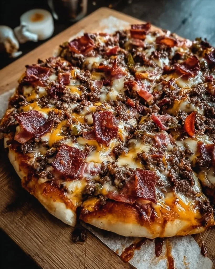 Giant burger-pizza topped with meat, cheese, and bacon slices from a gourmet kitchen