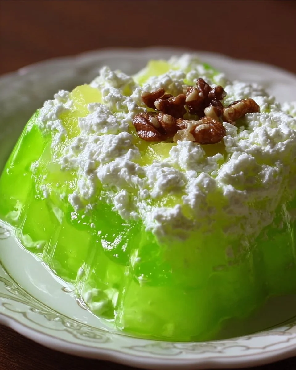 Grandma's Lime Green Jello Salad with Cottage Cheese and Pineapple in a bowl