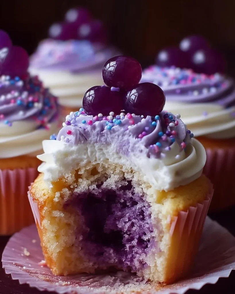 Delicious grape crush cupcakes topped with grape frosting and vibrant sprinkles.