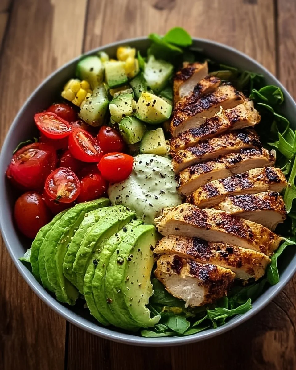 Grilled chicken and avocado salad bowl for a healthy meal
