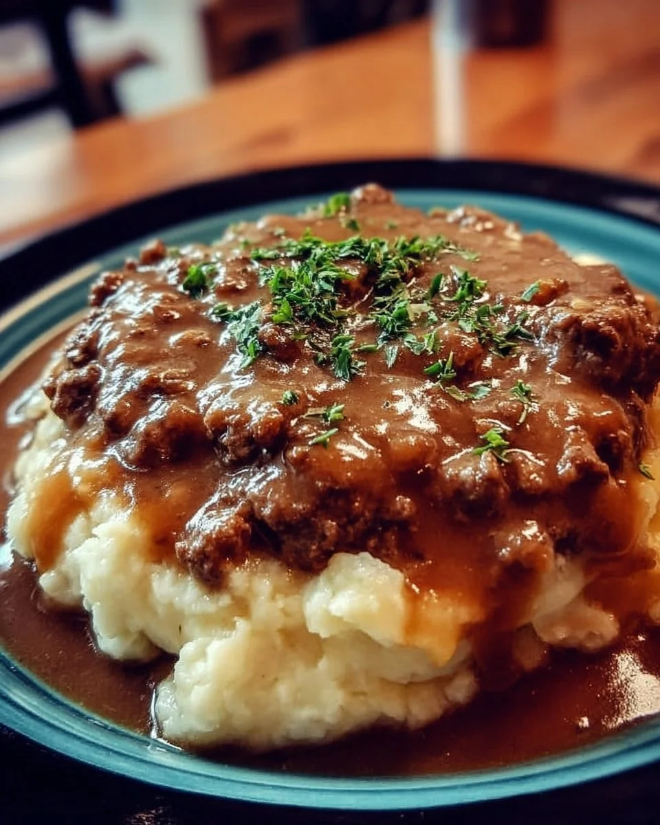 Plate of ground beef and gravy served over creamy mashed potatoes