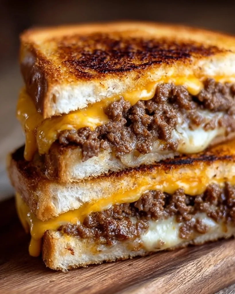 Ground Beef Grilled Cheese Sandwich with melted cheese and toasted bread