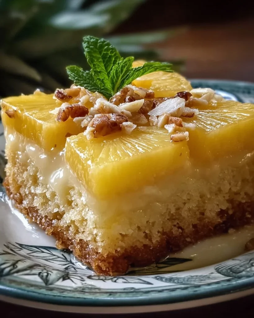 Delicious Hawaiian Pineapple Cake topped with fresh pineapple slices