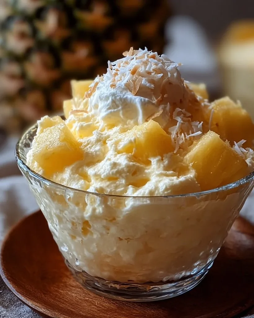 Hawaiian Pineapple Coconut Fluff dessert in a bowl with tropical fruits.