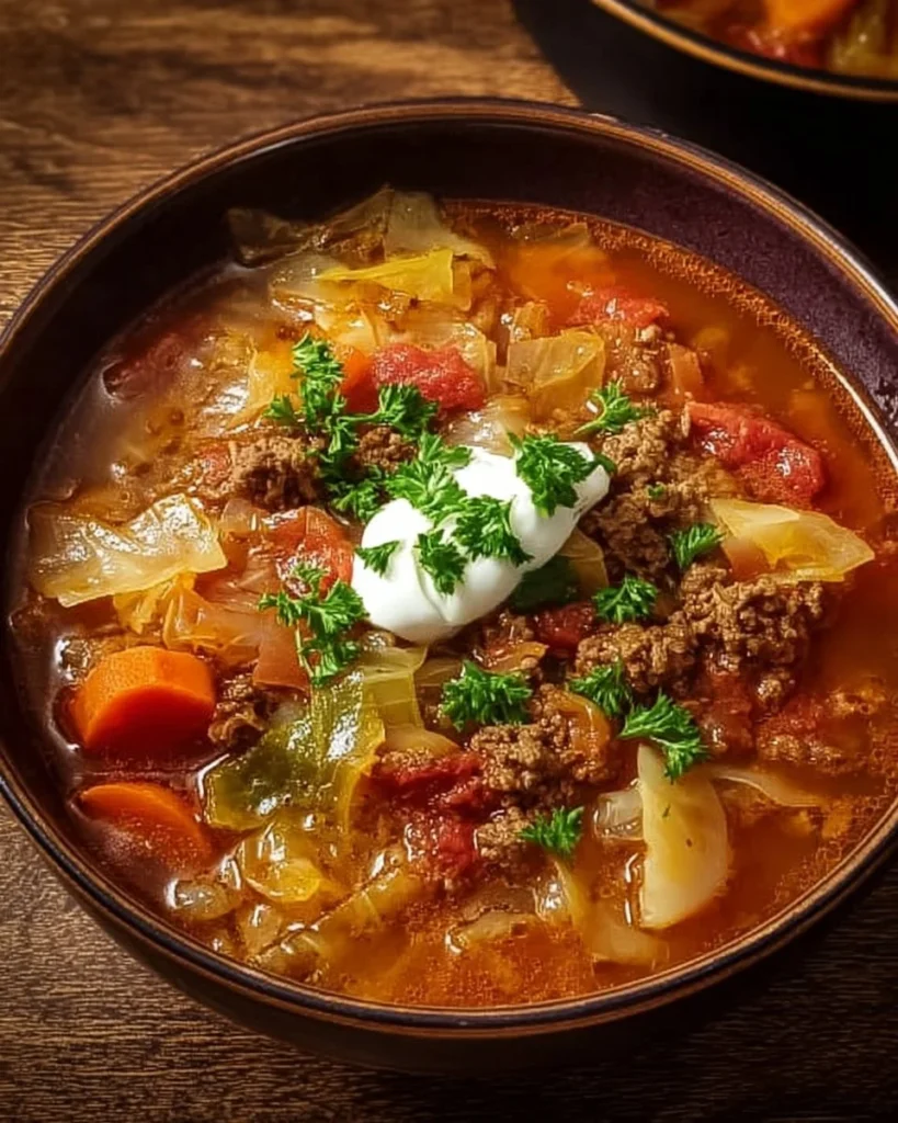 Hearty cabbage soup with ground beef in a bowl topped with fresh herbs