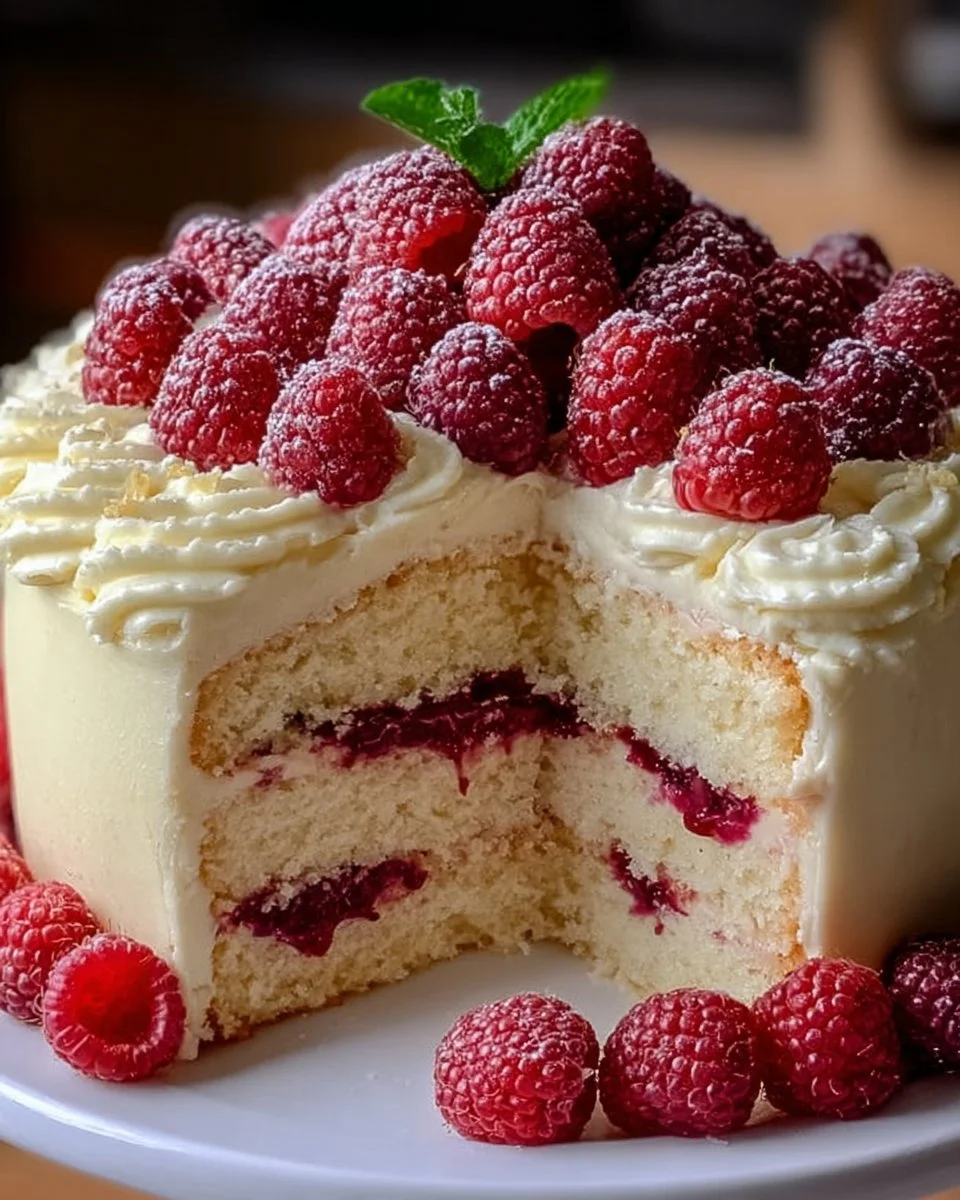 Heavenly white chocolate raspberry cake with vibrant raspberry topping