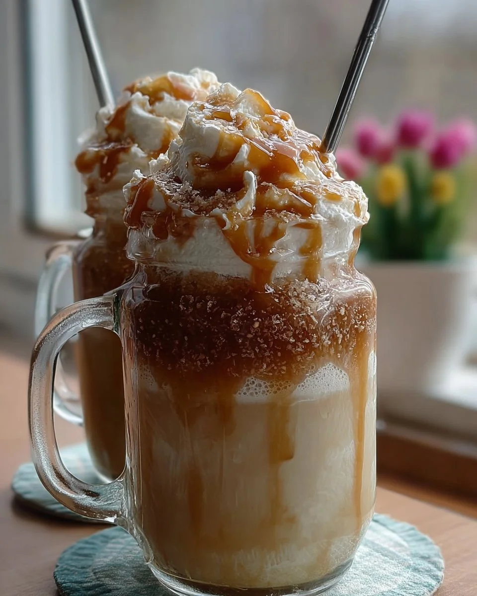 Homemade caramel frappuccino in a glass topped with whipped cream and caramel drizzle.