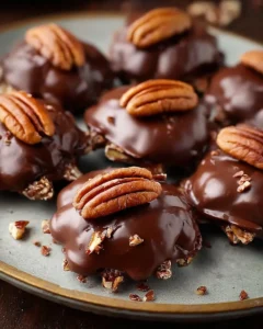 Homemade chocolate turtles with caramel and pecans on a plate
