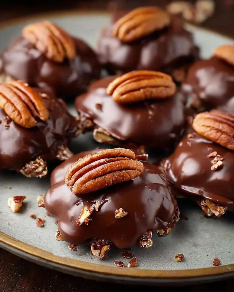 Homemade chocolate turtles with caramel and pecans on a plate