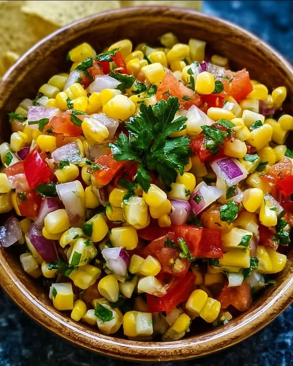 Bowl of homemade corn salsa with fresh ingredients on a wooden table