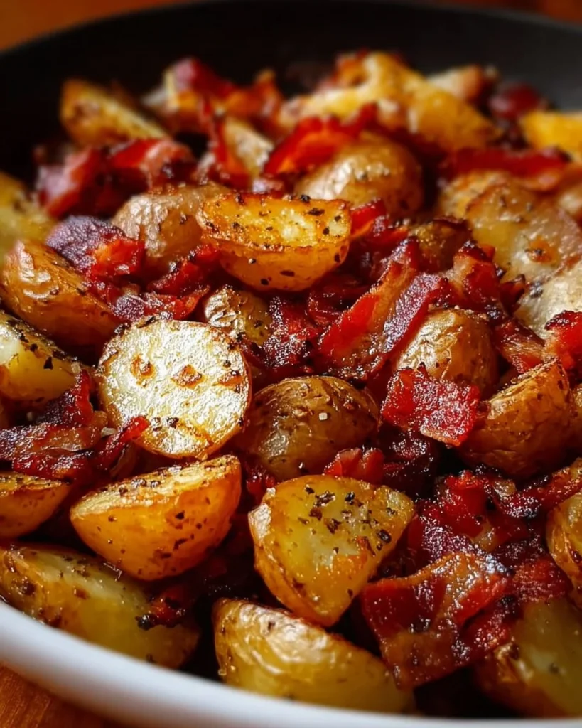 Delicious honey bacon roasted potatoes garnished with herbs