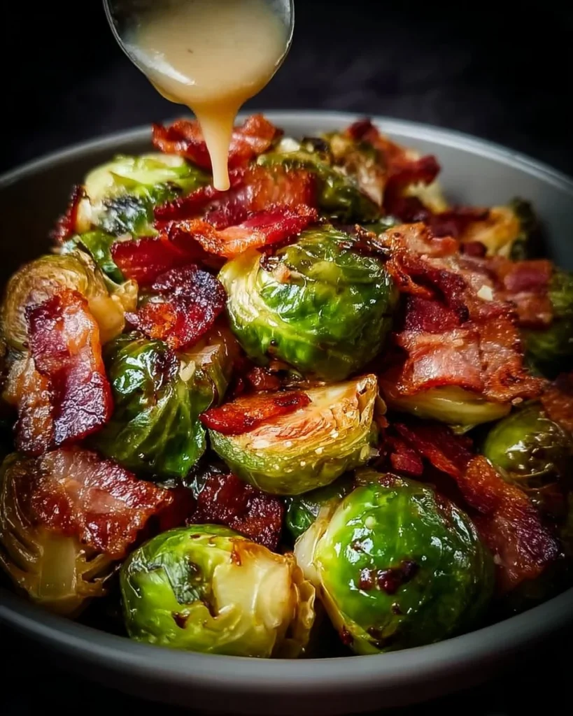 Honey-glazed roasted Brussels sprouts with bacon in a serving dish