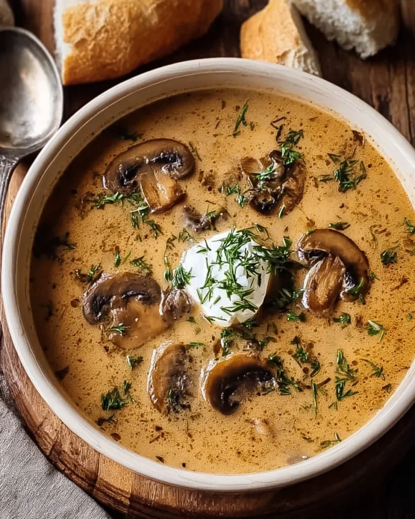 Bowl of Hungarian Mushroom Soup garnished with herbs and mushrooms