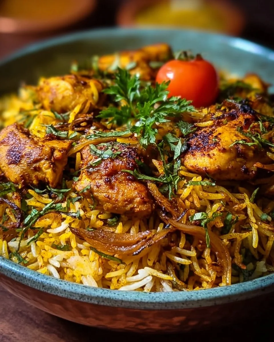 Delicious Indian Chicken Biryani served with aromatic spices and garnishes.