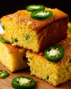 A slice of Jalapeño Cornbread served on a plate, garnished with jalapeño slices.