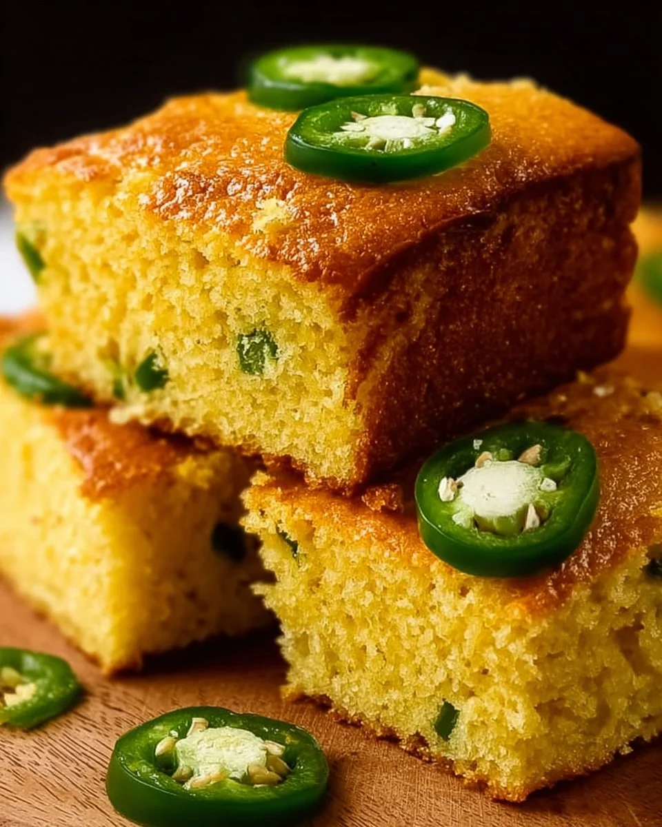 A slice of Jalapeño Cornbread served on a plate, garnished with jalapeño slices.