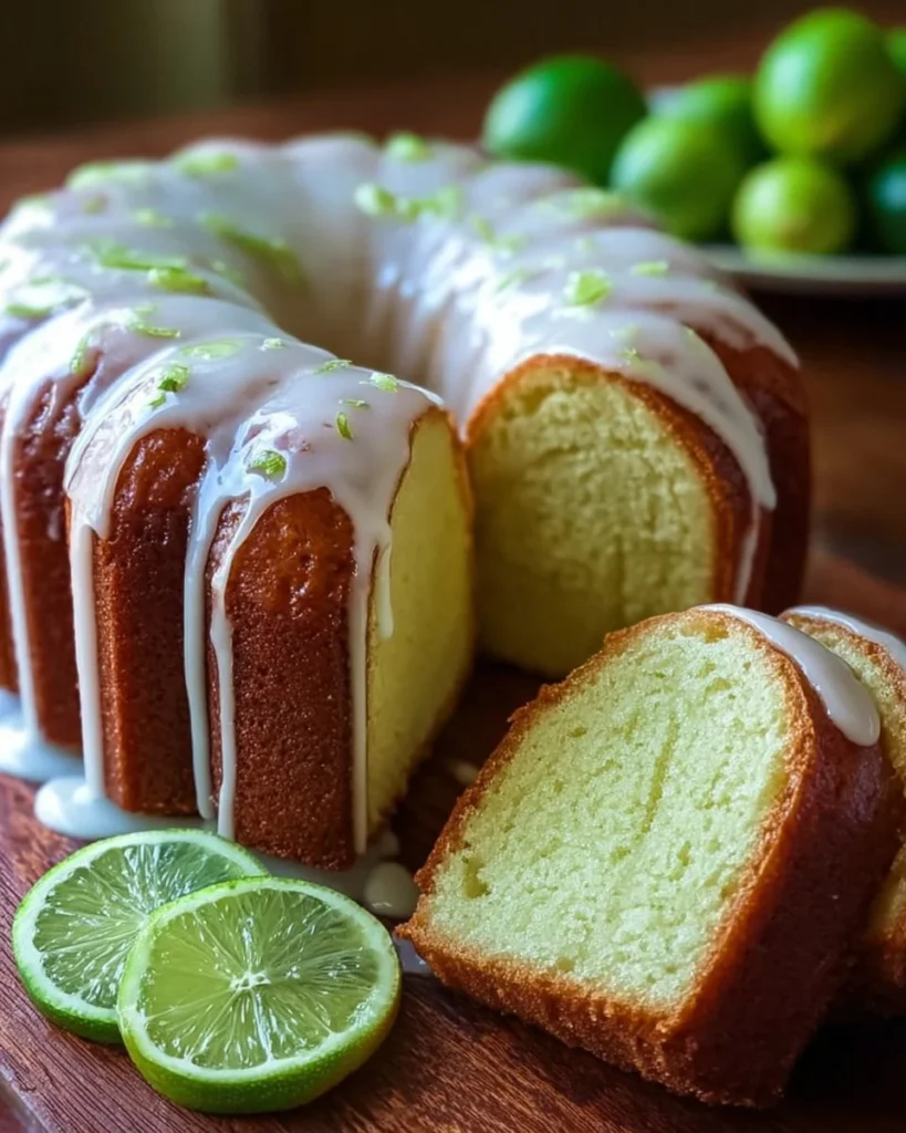 Delicious Key Lime Pound Cake with Key Lime Glaze on a white plate