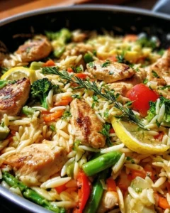 Lemon Chicken and Veggie Orzo Stir Fry, a colorful and healthy meal