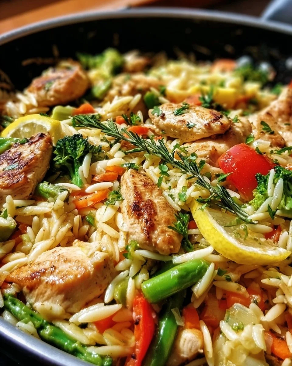 Lemon Chicken and Veggie Orzo Stir Fry, a colorful and healthy meal