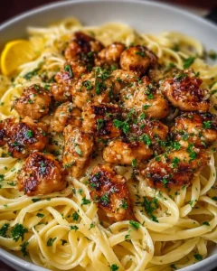 Lemon Garlic Butter Chicken bites served with Parmesan linguine