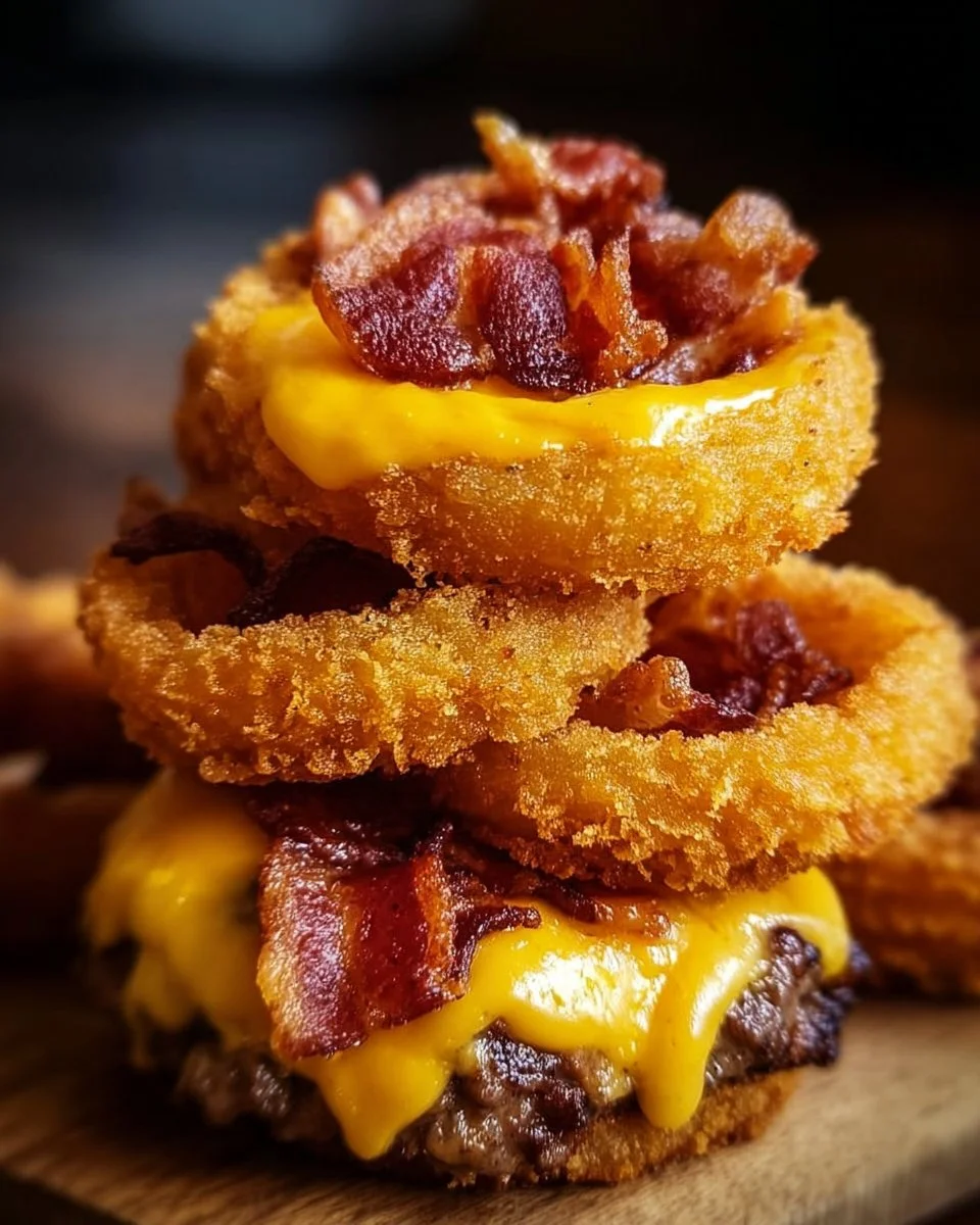 Loaded bacon cheeseburger onion rings topped with cheese and crispy bacon
