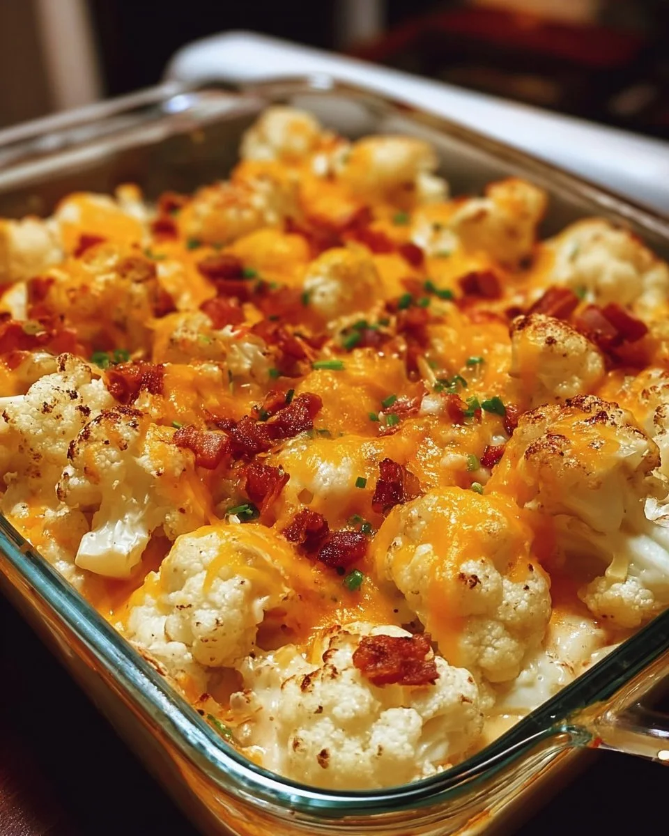 Delicious loaded cauliflower casserole with cheese and toppings cooked in a casserole dish.
